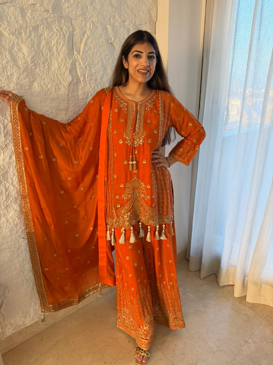 Pure Chinon 3 pc, partywear suit with handwork nd machin embroidery