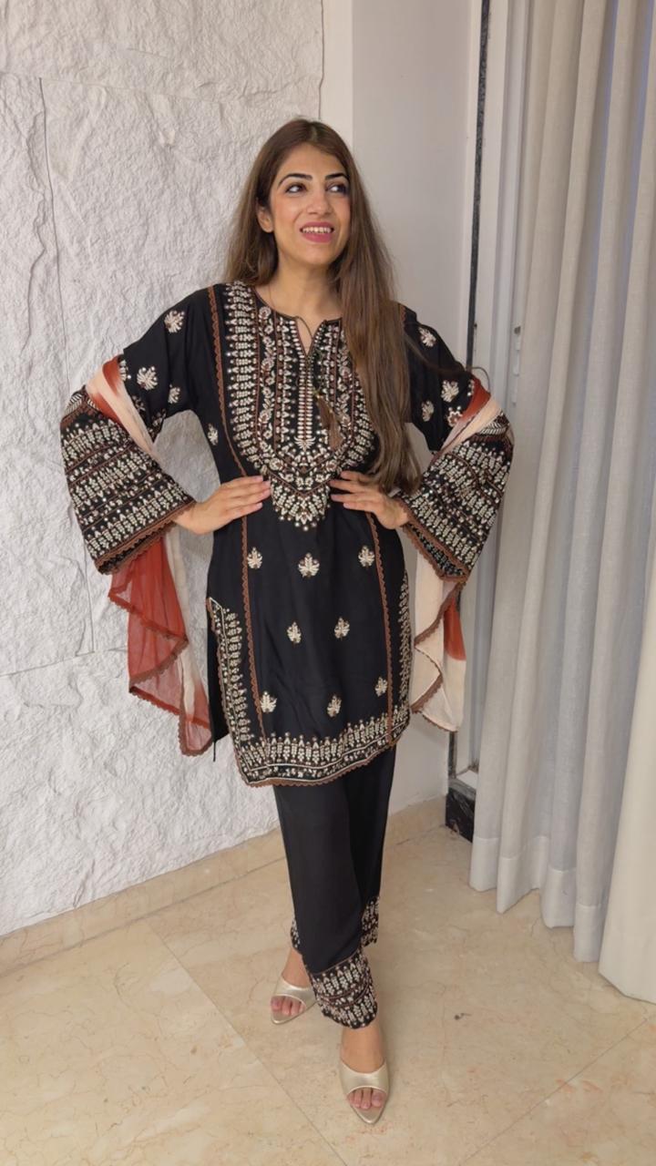 Embroidered cotton 3 pc pakistani suit with bell sleeves