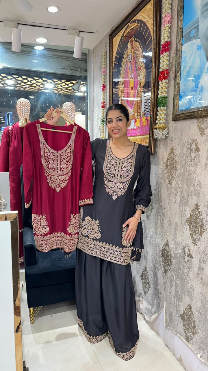 Chinon fabric,divider plazo with all handwork & dupatta