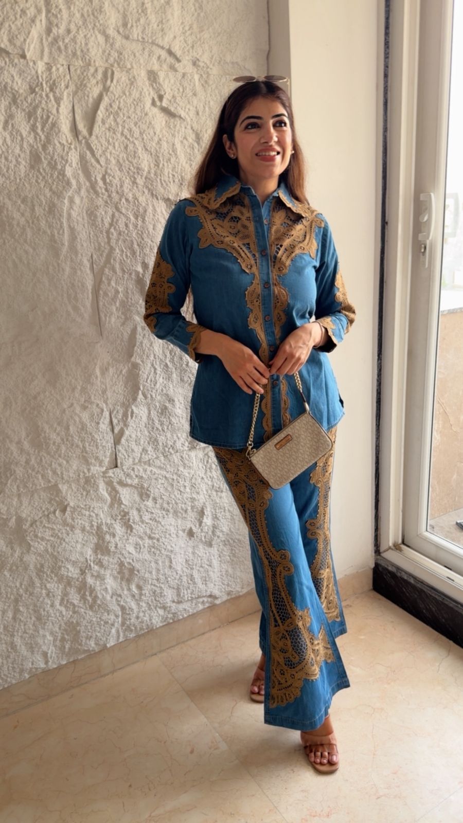 Denim 2 pc co-ord set with brown lace details