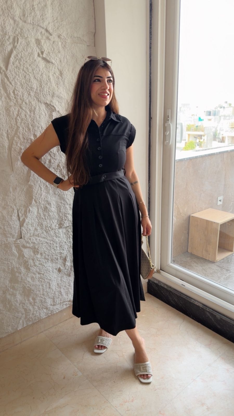 Roman stretchable fabric dress with button details