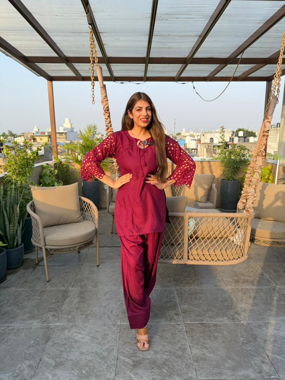 Cotton farshi 2 pc co-ord with schiffli sleeves