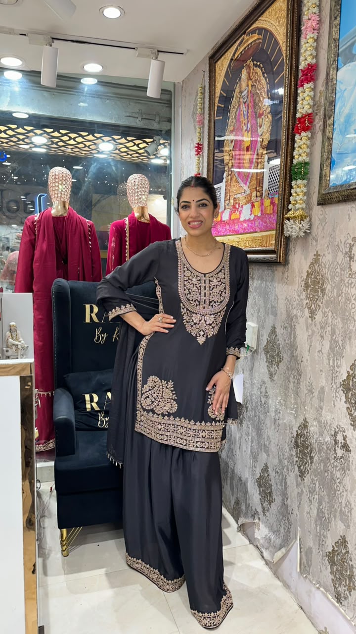 Chinon fabric,divider plazo with all handwork & dupatta
