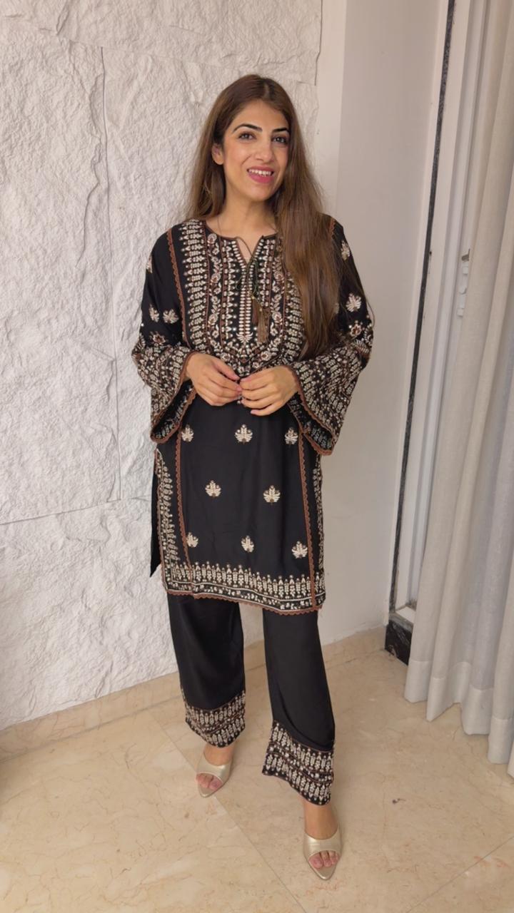Embroidered cotton 3 pc pakistani suit with bell sleeves