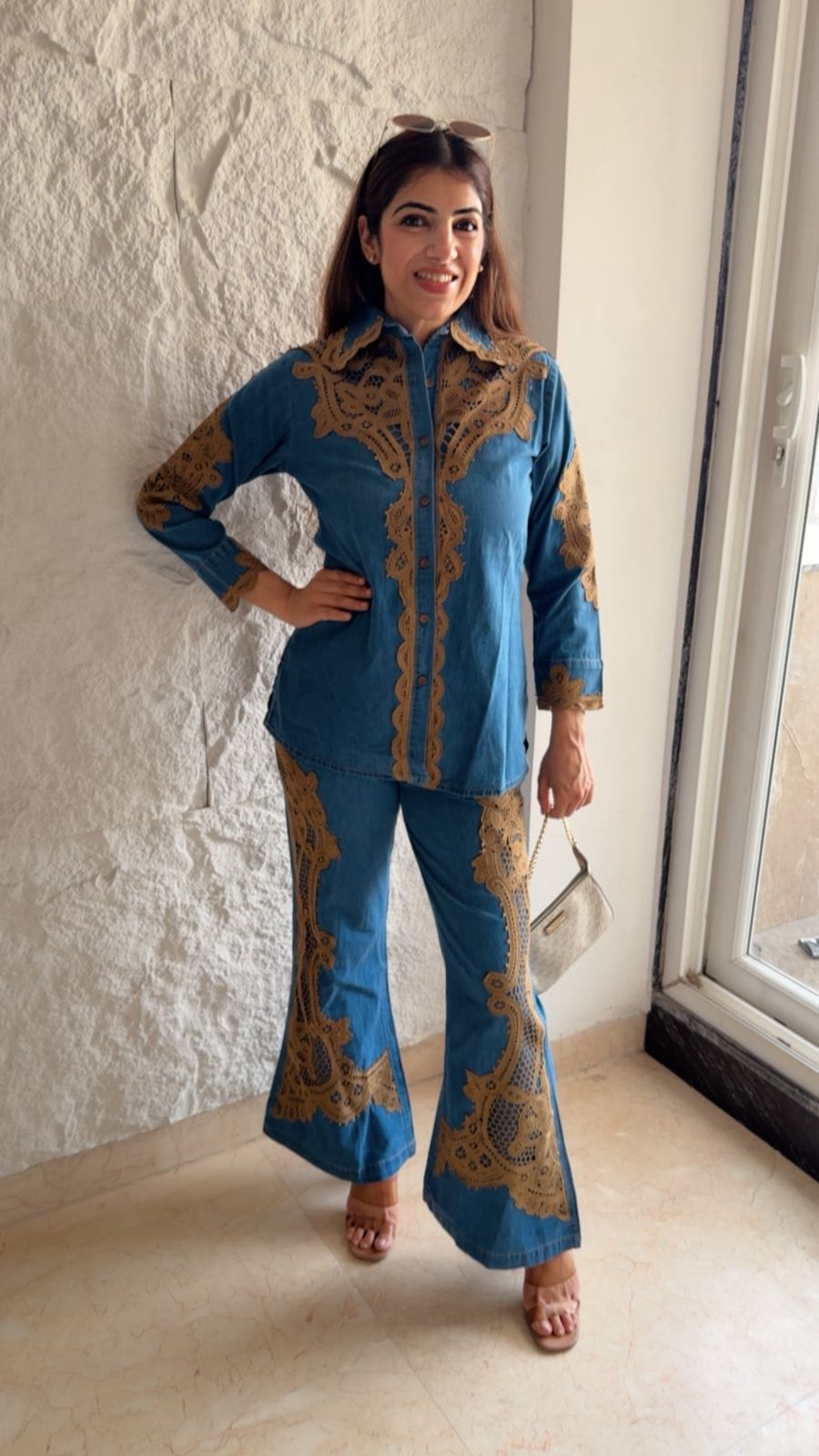 Denim 2 pc co-ord set with brown lace details
