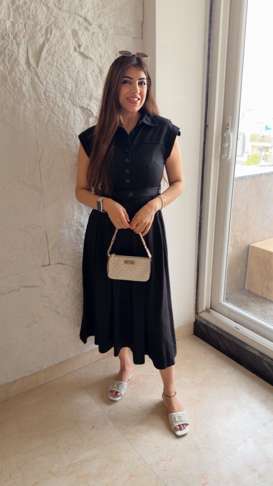 Roman stretchable fabric dress with button details