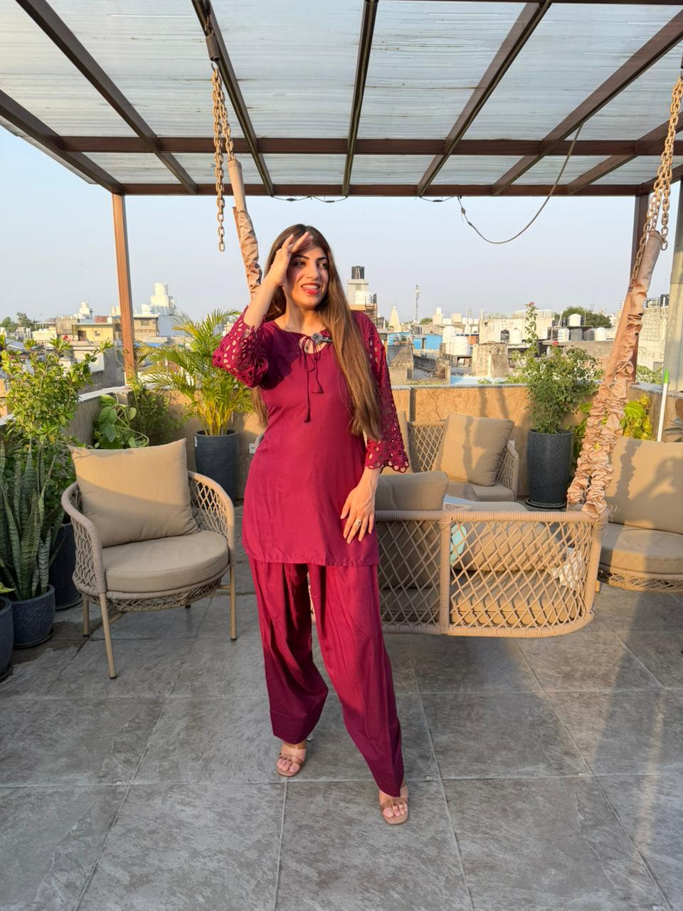 Cotton farshi 2 pc co-ord with schiffli sleeves