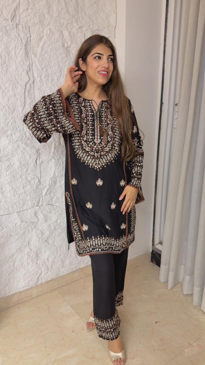 Embroidered cotton 3 pc pakistani suit with bell sleeves