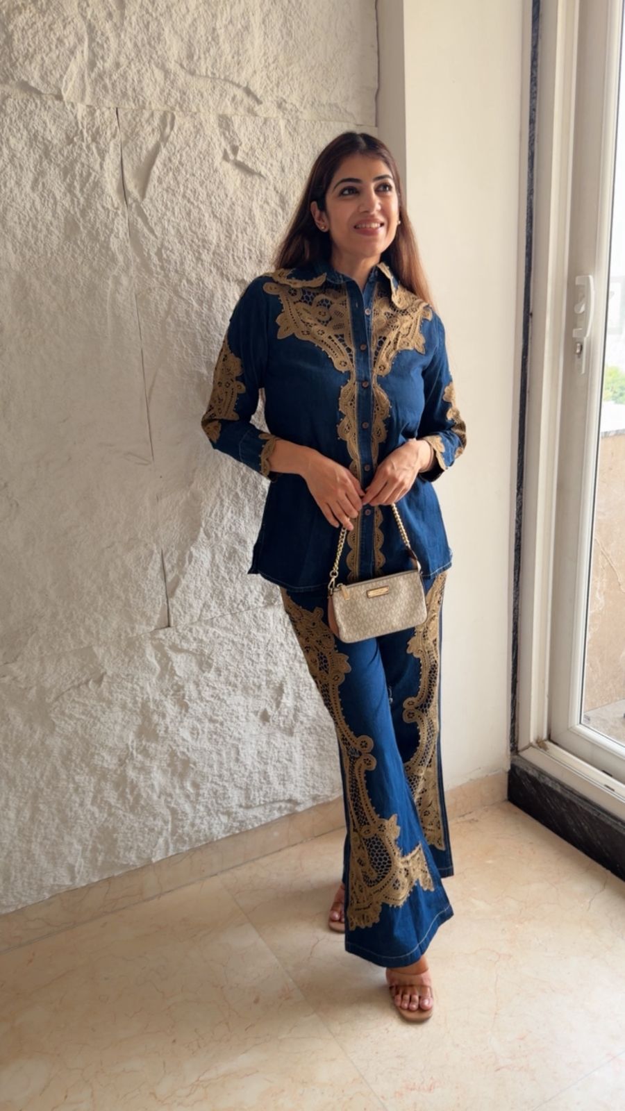 Denim 2 pc co-ord set with brown lace details