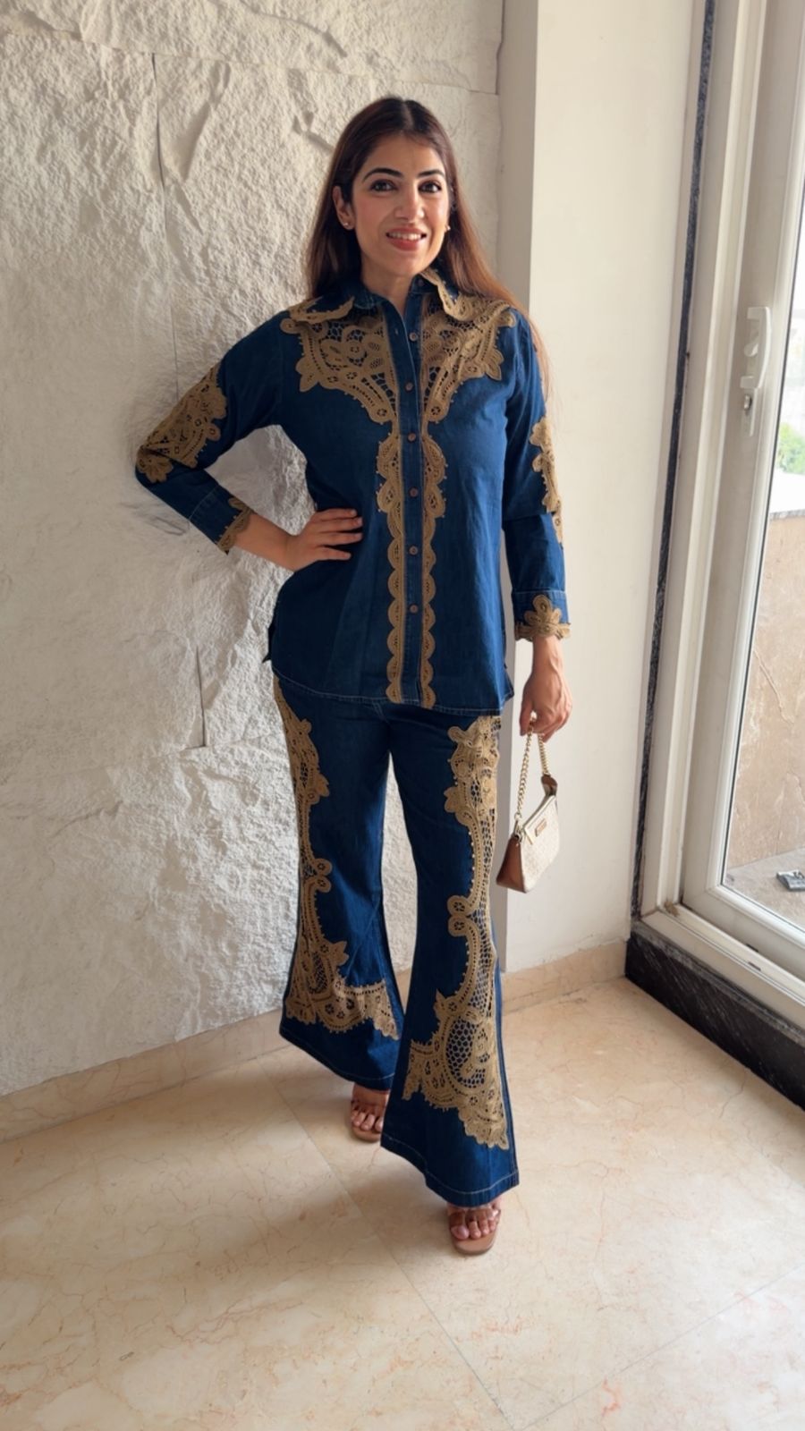 Denim 2 pc co-ord set with brown lace details