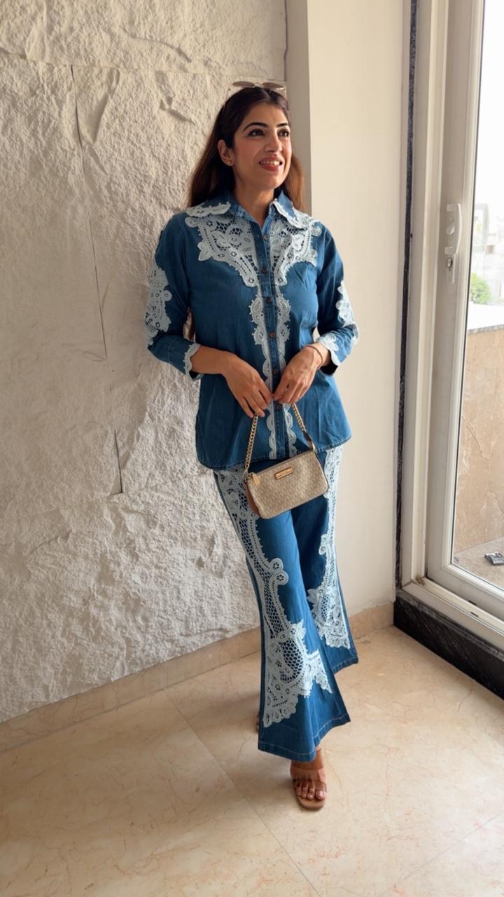 Denim 2 pc co-ord set with off ehite lace details
