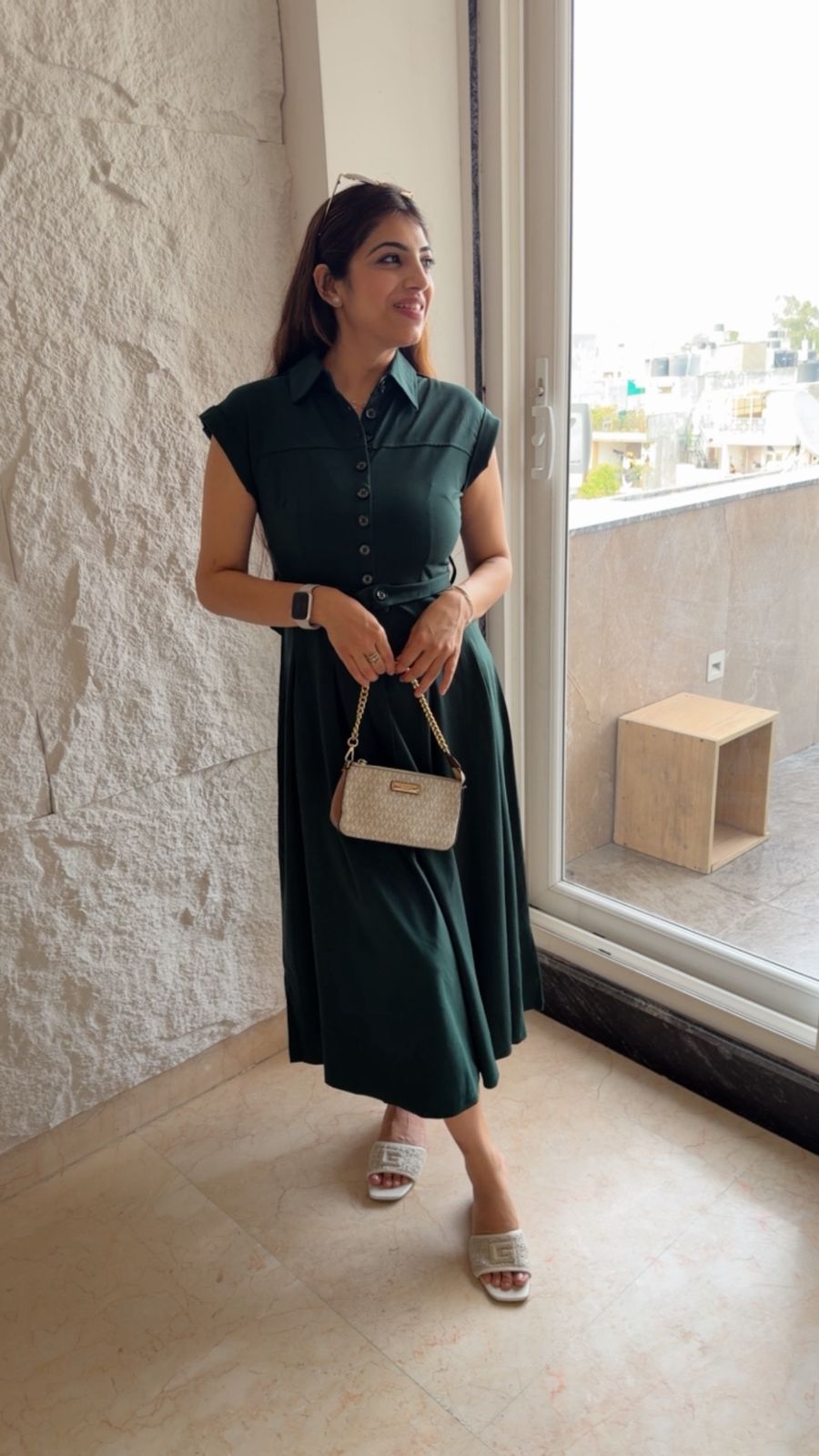 Roman stretchable fabric dress with button details