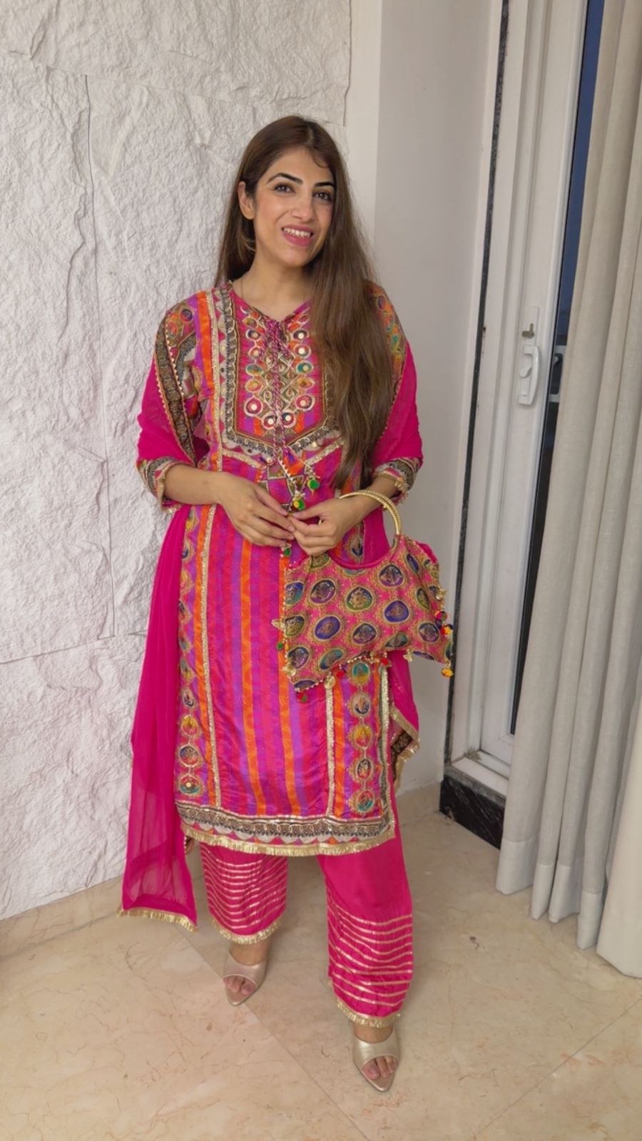 Digital crepe 3 pc farshi set with bag with colorful tassel