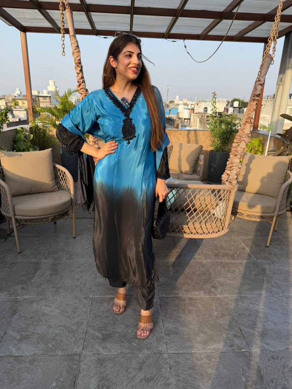 Pure crepe ombre 3 pc suit with complete handwork