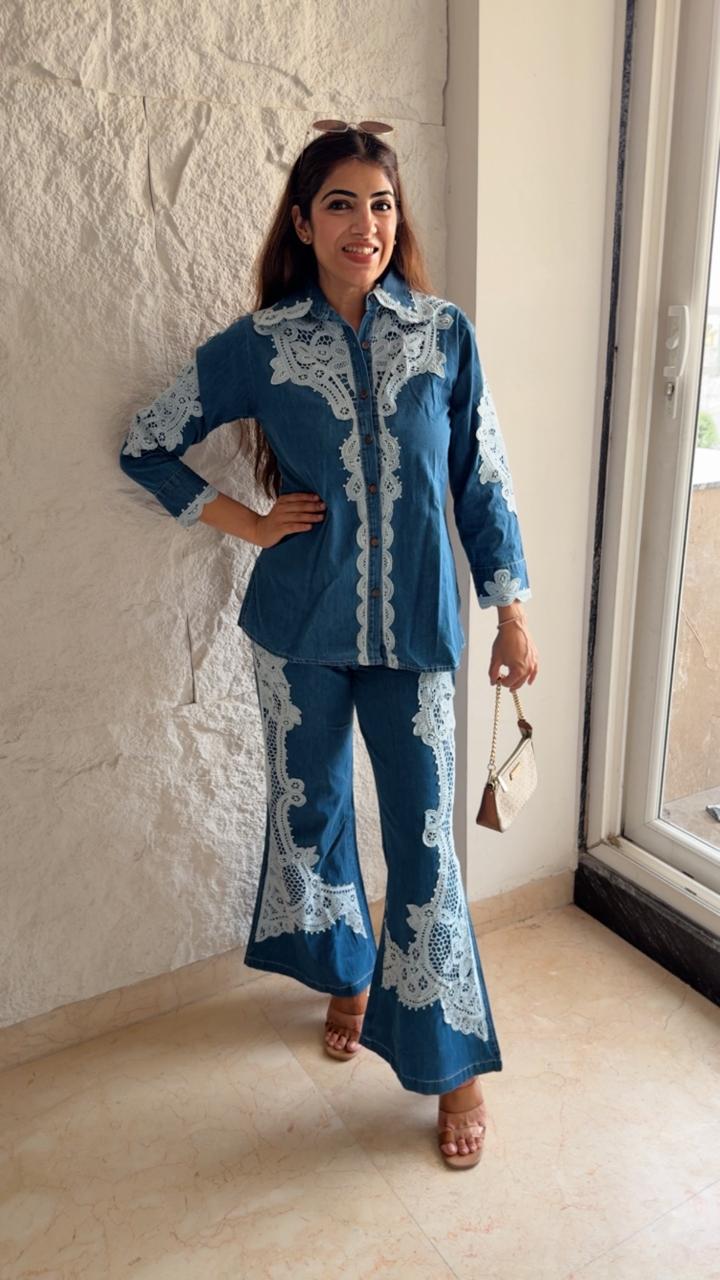 Denim 2 pc co-ord set with off ehite lace details