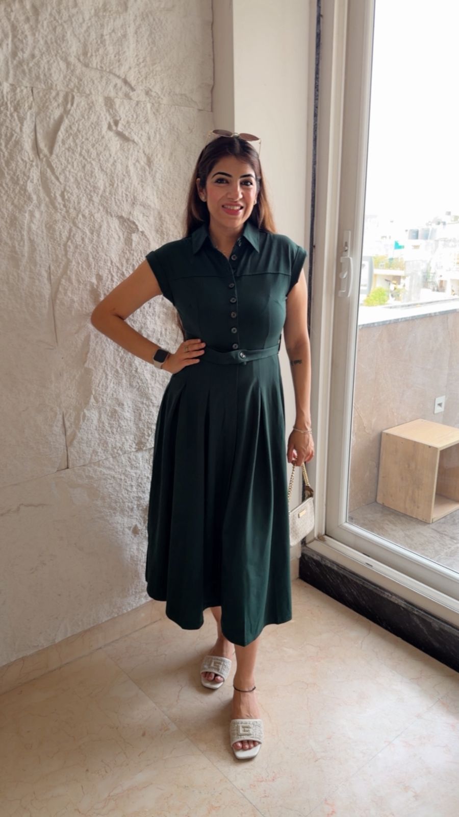 Roman stretchable fabric dress with button details