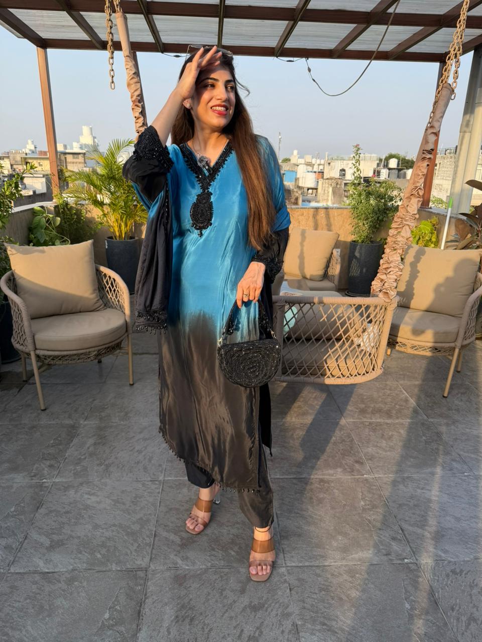 Pure crepe ombre 3 pc suit with complete handwork