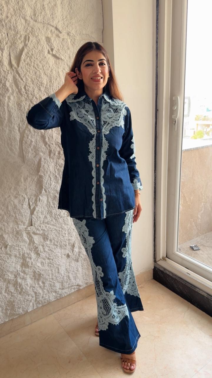 Denim 2 pc co-ord set with off ehite lace details