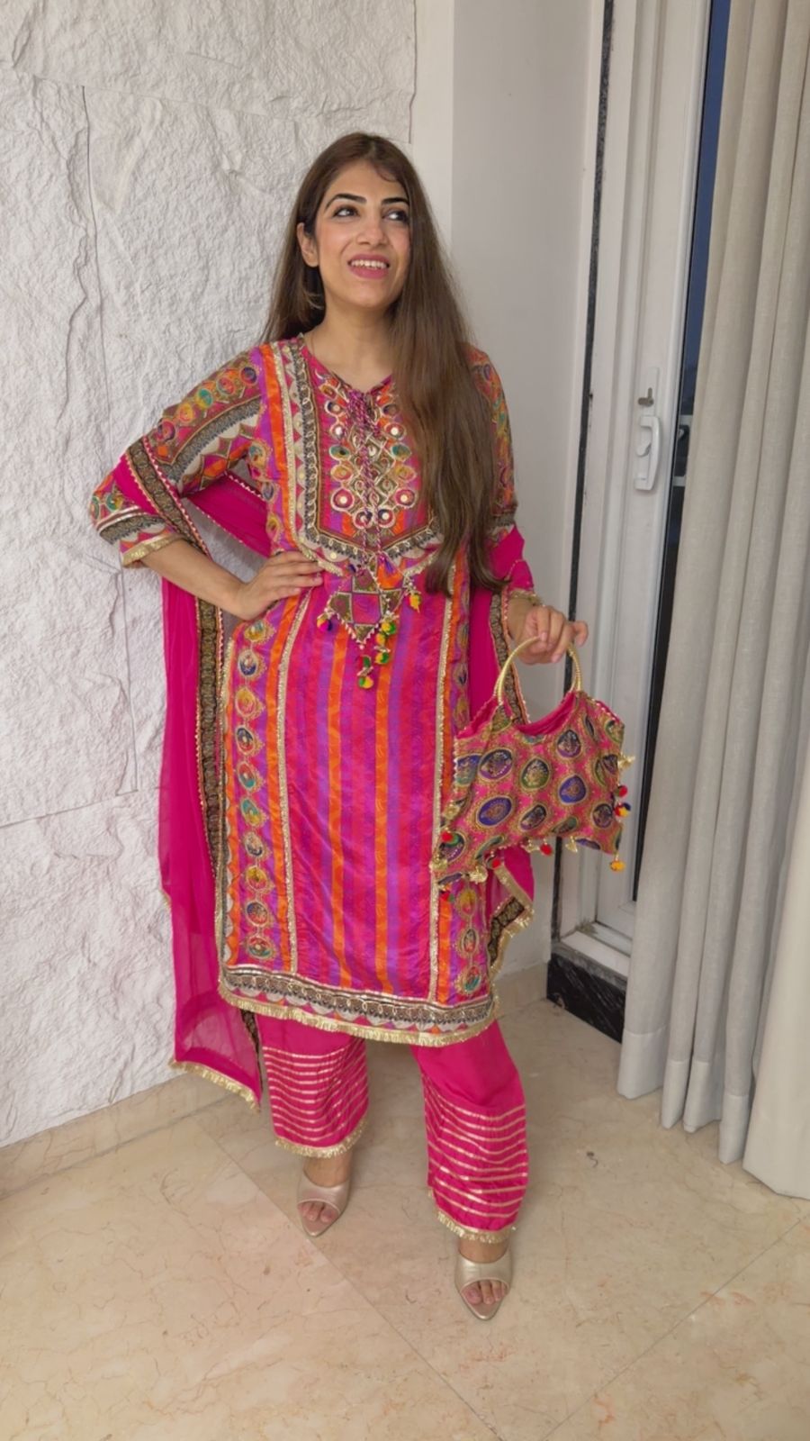 Digital crepe 3 pc farshi set with bag with colorful tassel