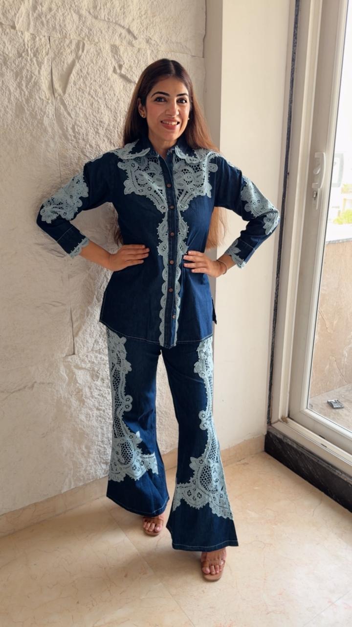 Denim 2 pc co-ord set with off ehite lace details