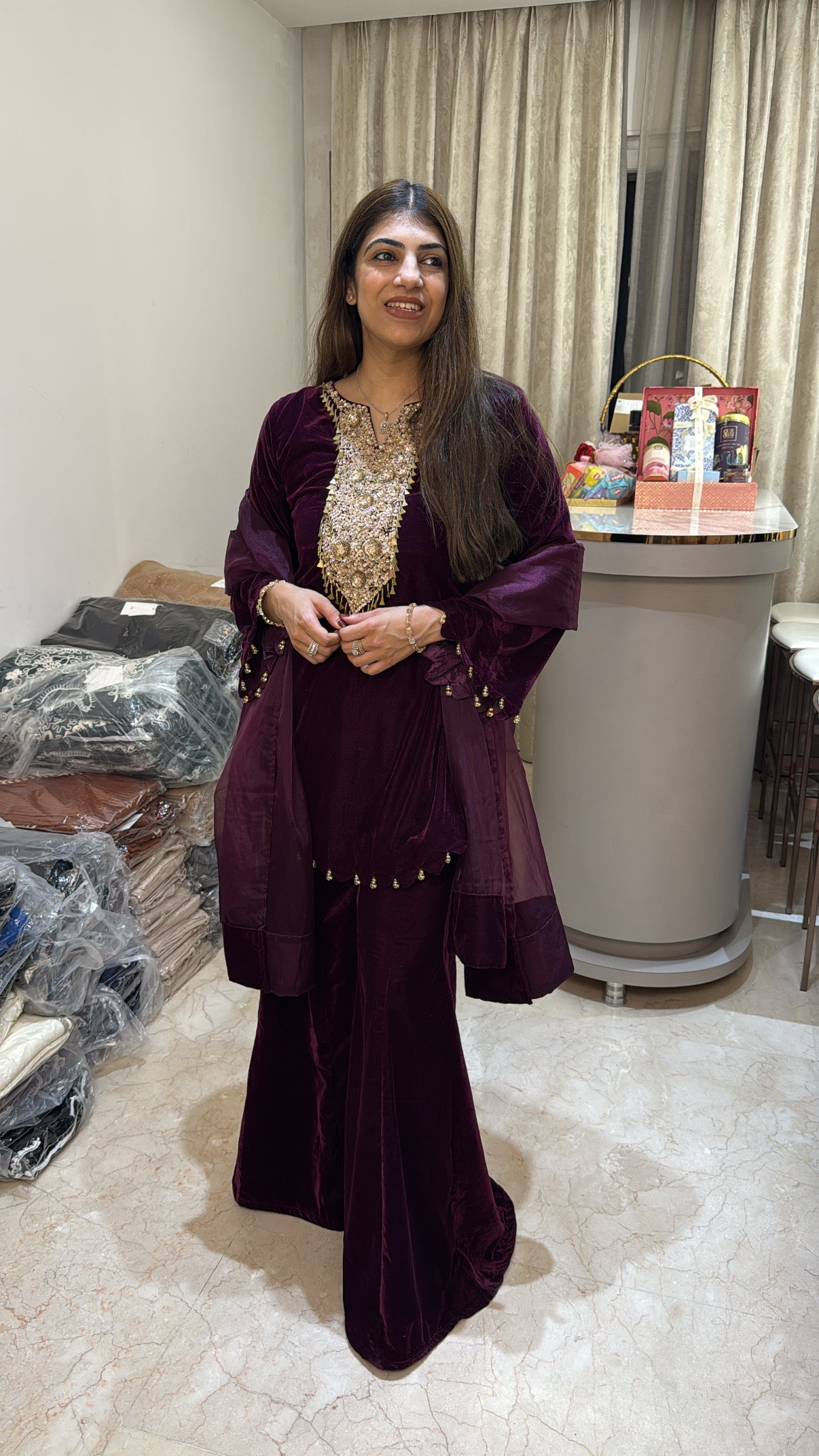 Valvet partywear 3 pc suit neck design all handwork with divider plazo