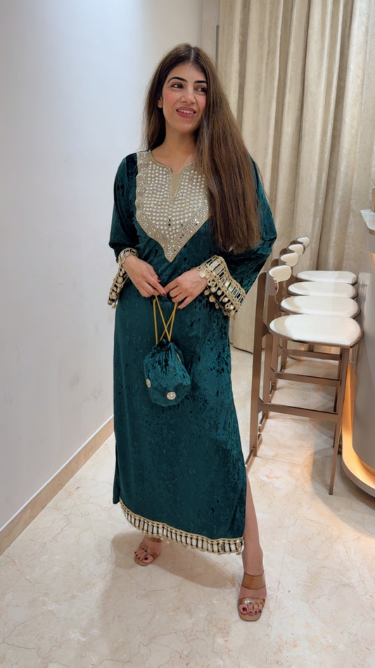 Valvet long dress-side slit cut design with potli bag