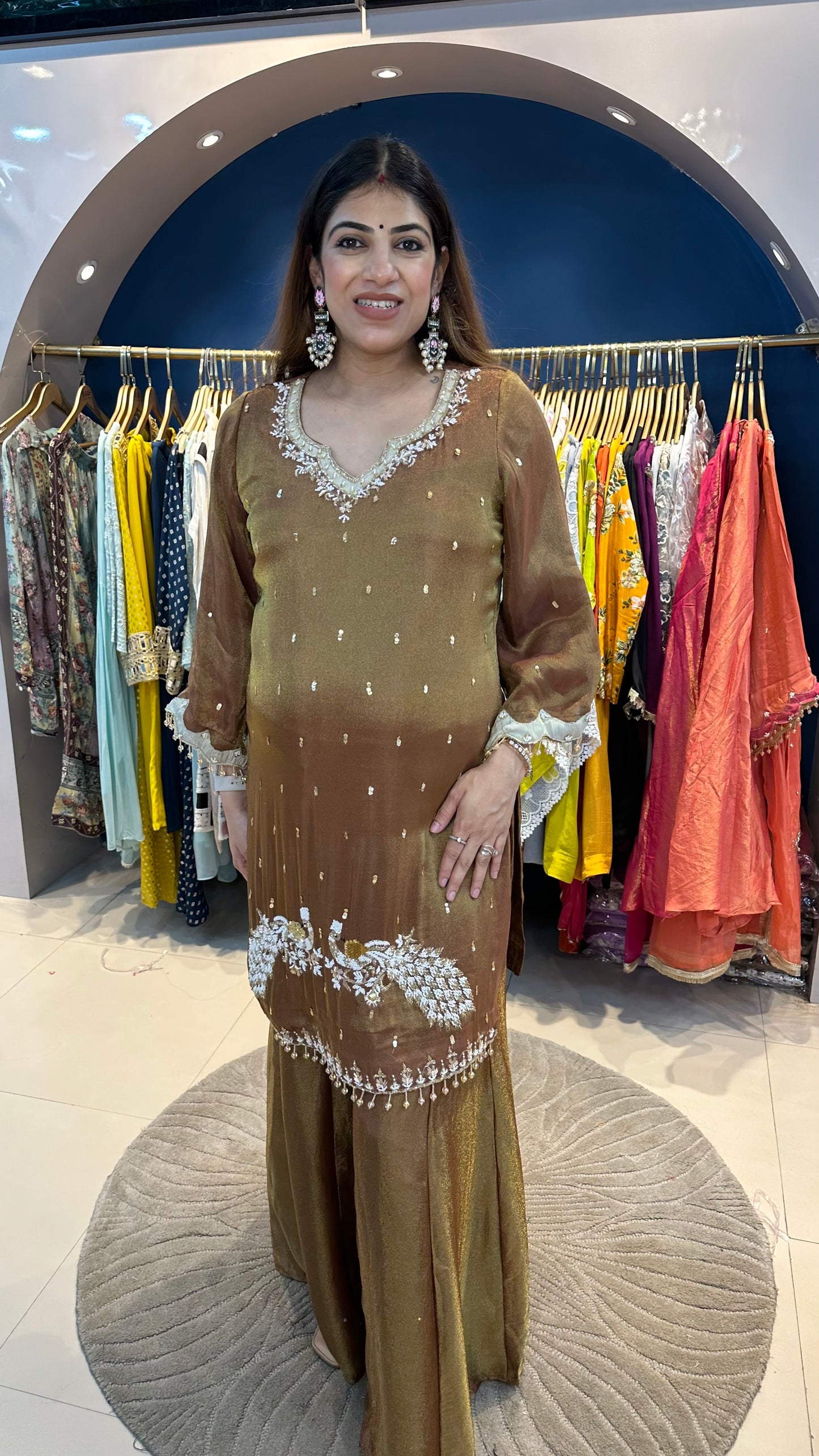 Shimmer tissue 3 pc partywear suit with organza dupatta with complete handwork on shirt with kali palazzo