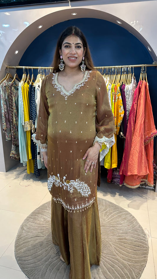 Shimmer tissue 3 pc partywear suit with organza dupatta with complete handwork on shirt with kali palazzo