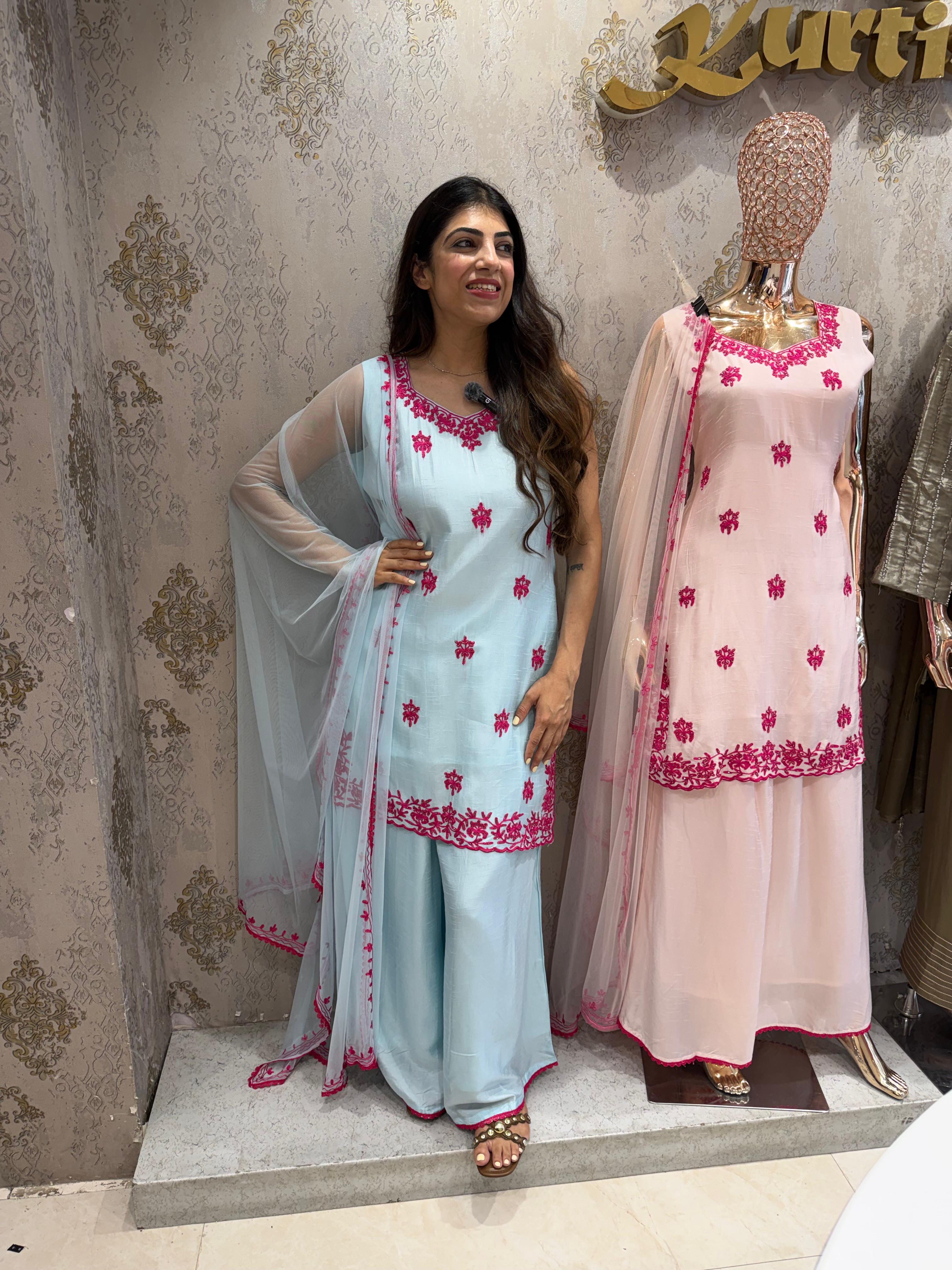 Pure cotton silk suit with divider plazo & net dupatta & all aari work