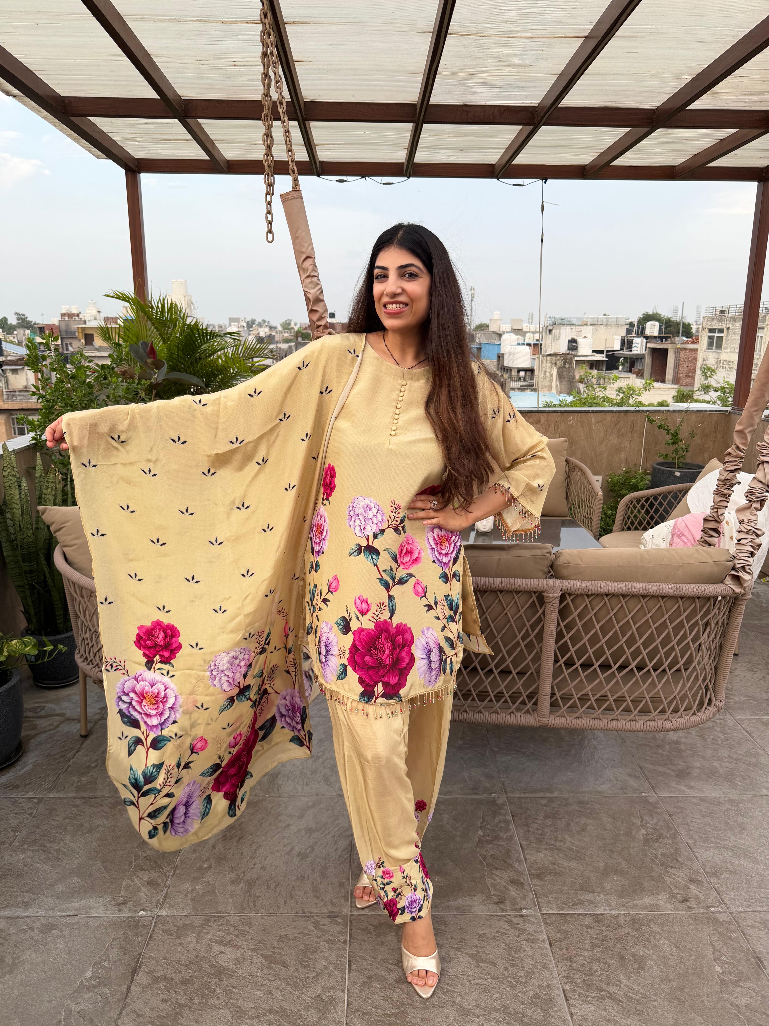 Digital crepe 3,peice set with farshi salwar