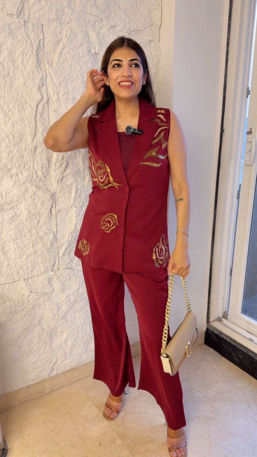 Moss crepe 2 pc sleeveless blazer set with handwork