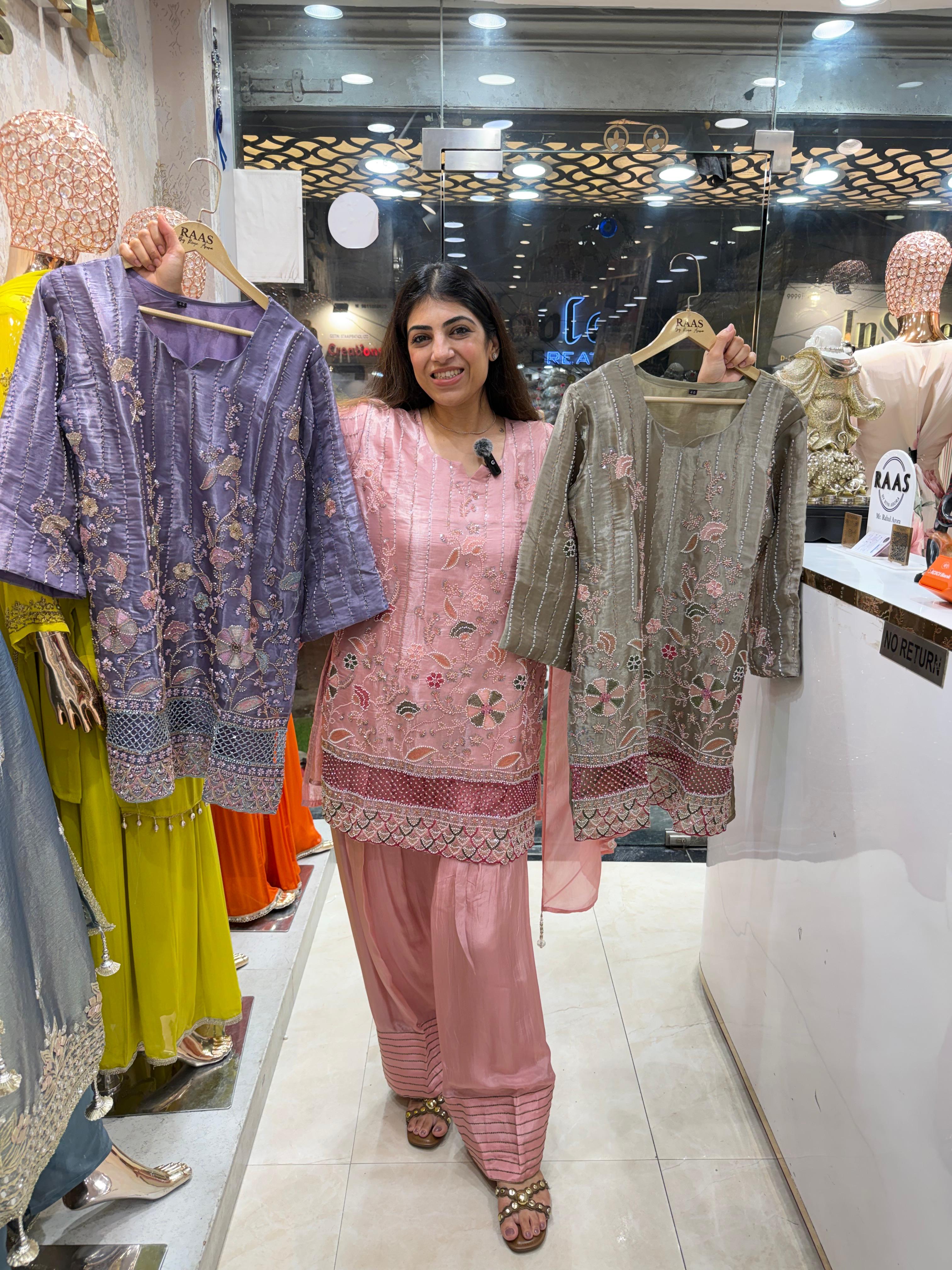 Pure organza partywear kardana work3,peice set with farshi salwar & dupatta