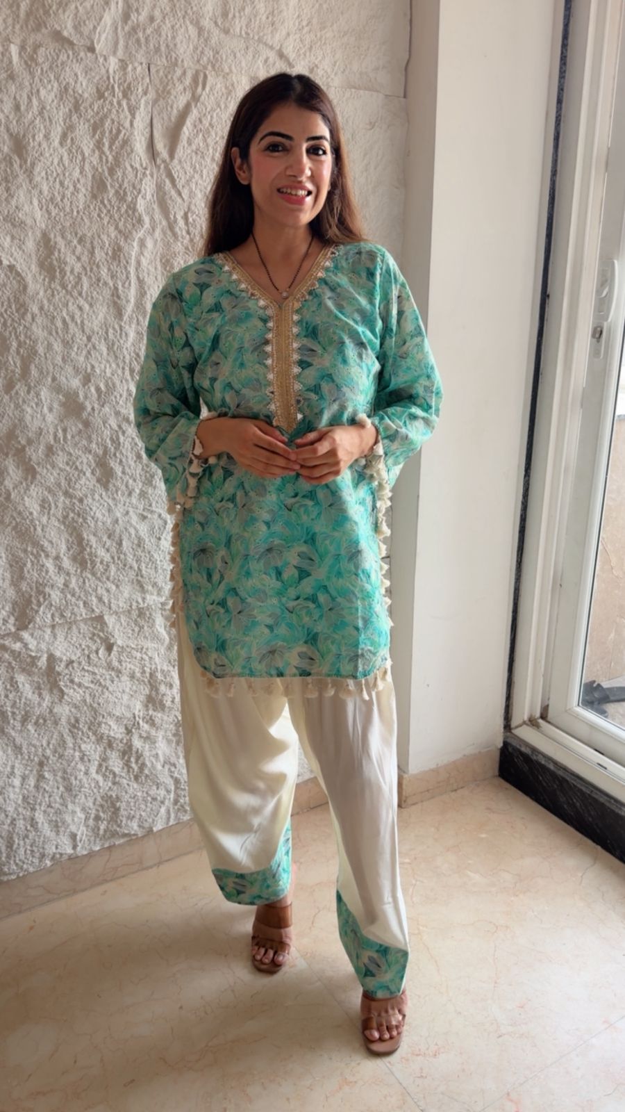 Schiffli cotton shirt with rayon cotton farshi salwar set