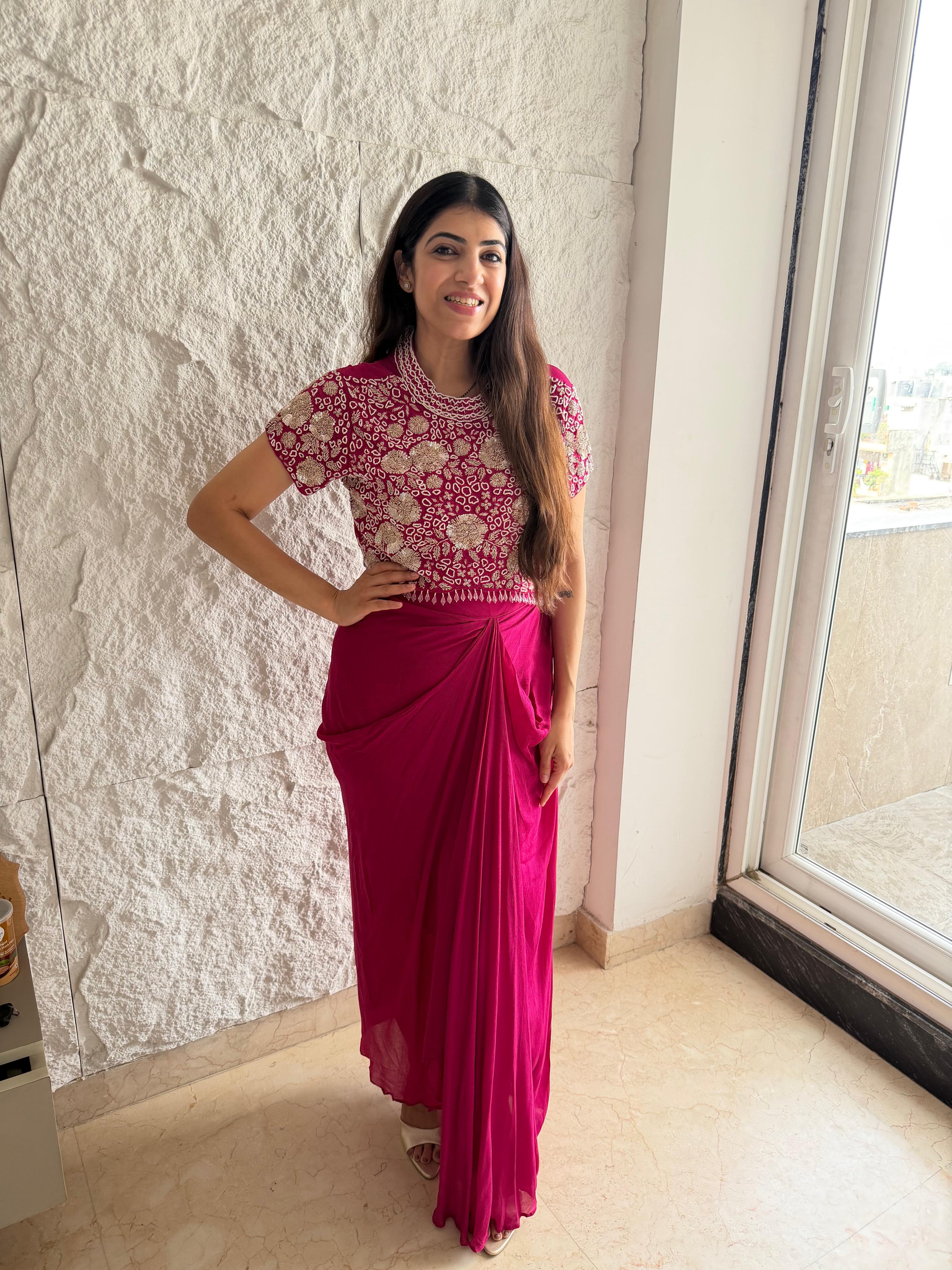Pure Chinon  Two-peice drape skirt & crop Top with all handwork
