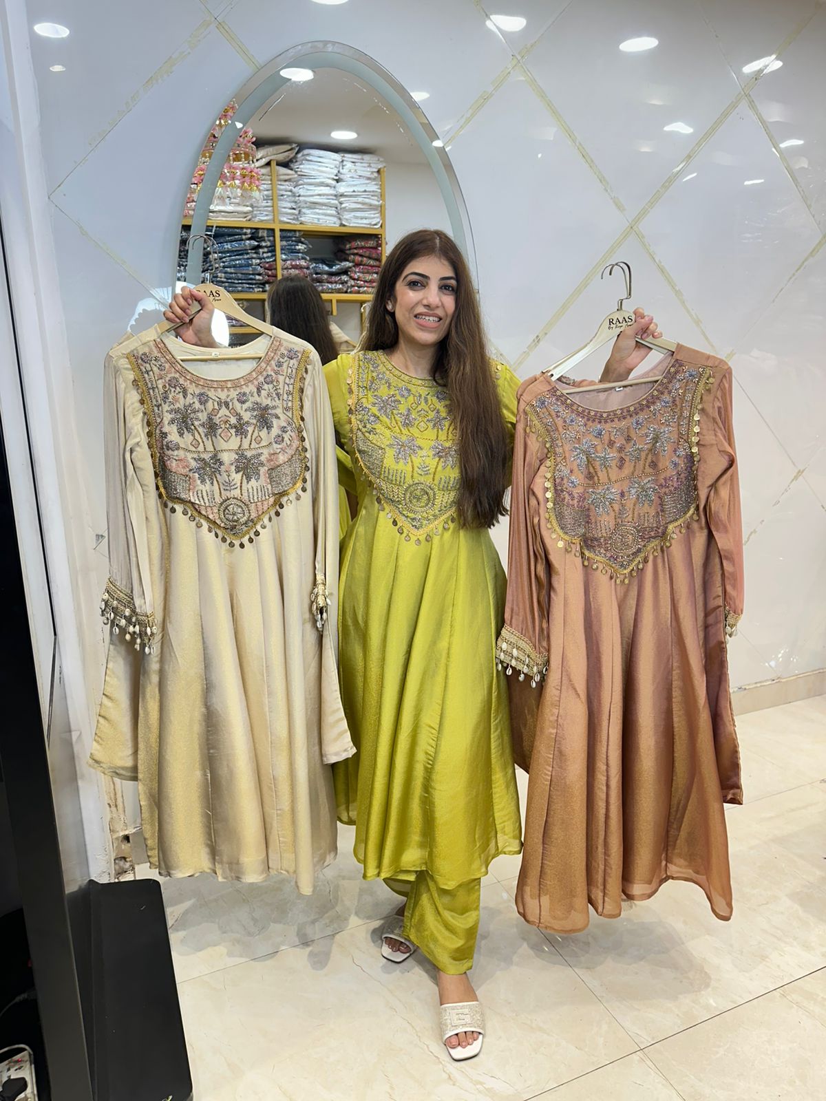 Shimmer tissue anarkali 3pc set, handwork and kodi work