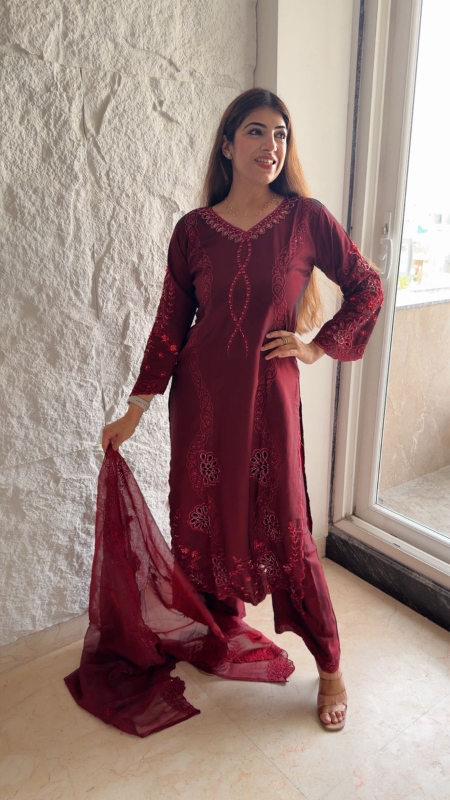 Imported fabric 3 pc Pakistani suit with cutwork on sleeves and kurta with organza dupatta