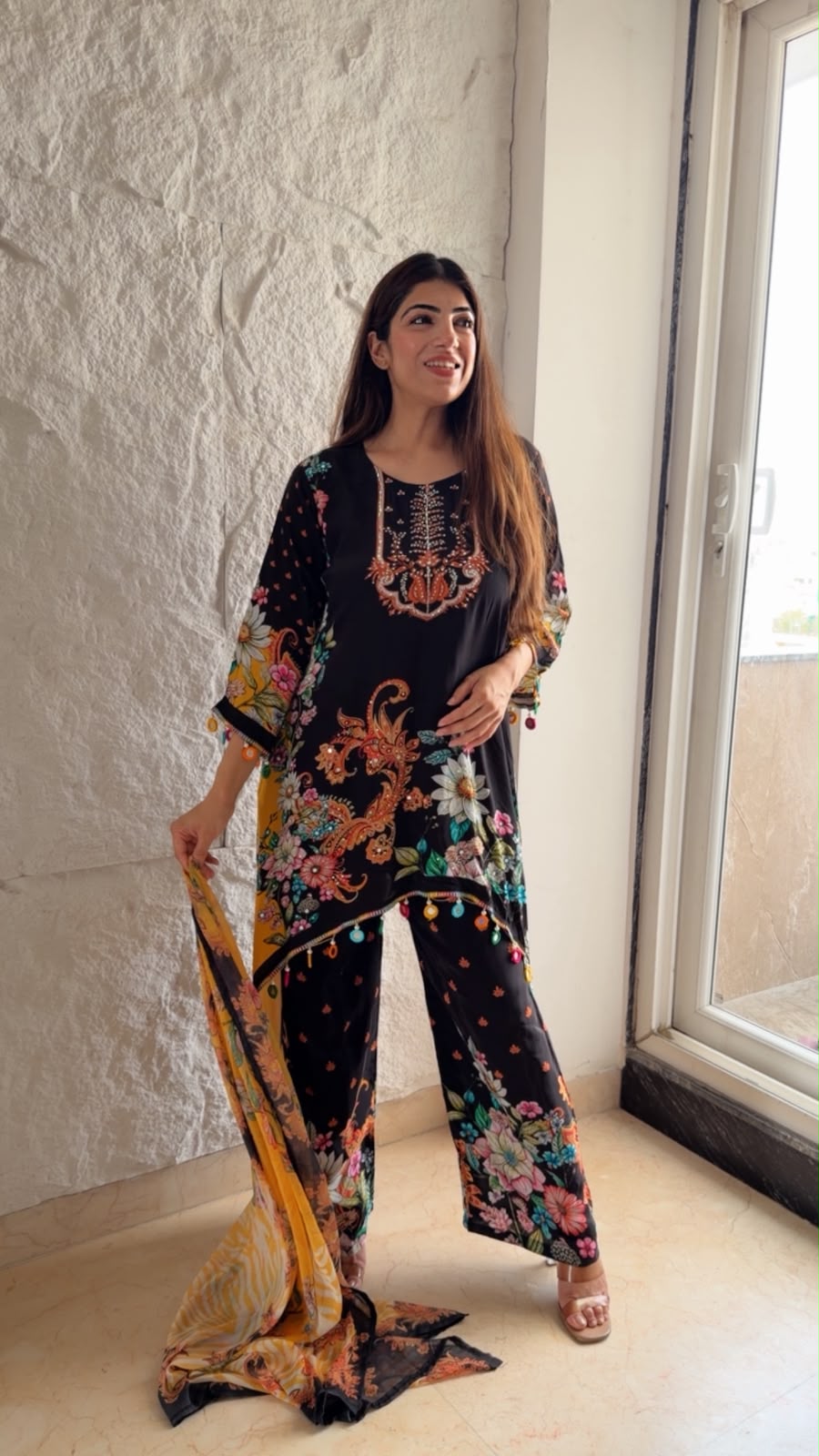 Pure digital crepe suit& dupatta with all mirror work lace
