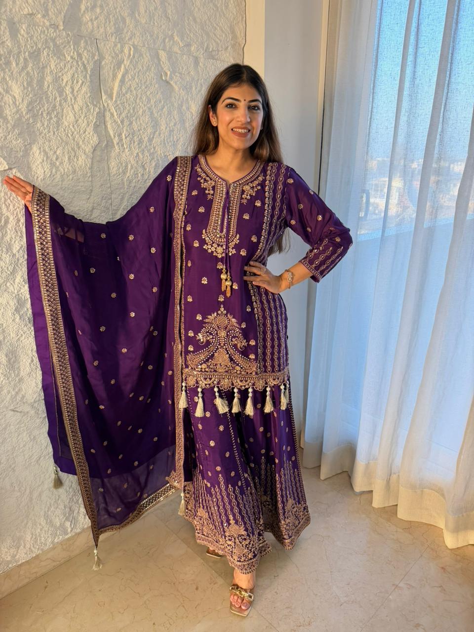 Pure Chinon 3 pc, partywear suit with handwork nd machin embroidery