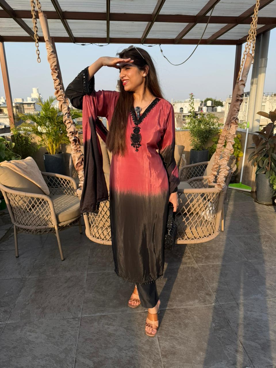 Pure crepe ombre 3 pc suit with complete handwork
