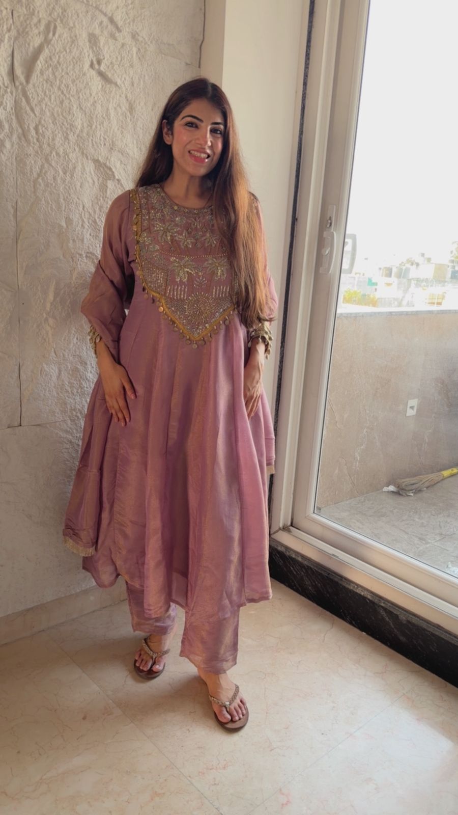 Shimmer tissue handwork anarkali suit with dupatta with shell detail on sleeves