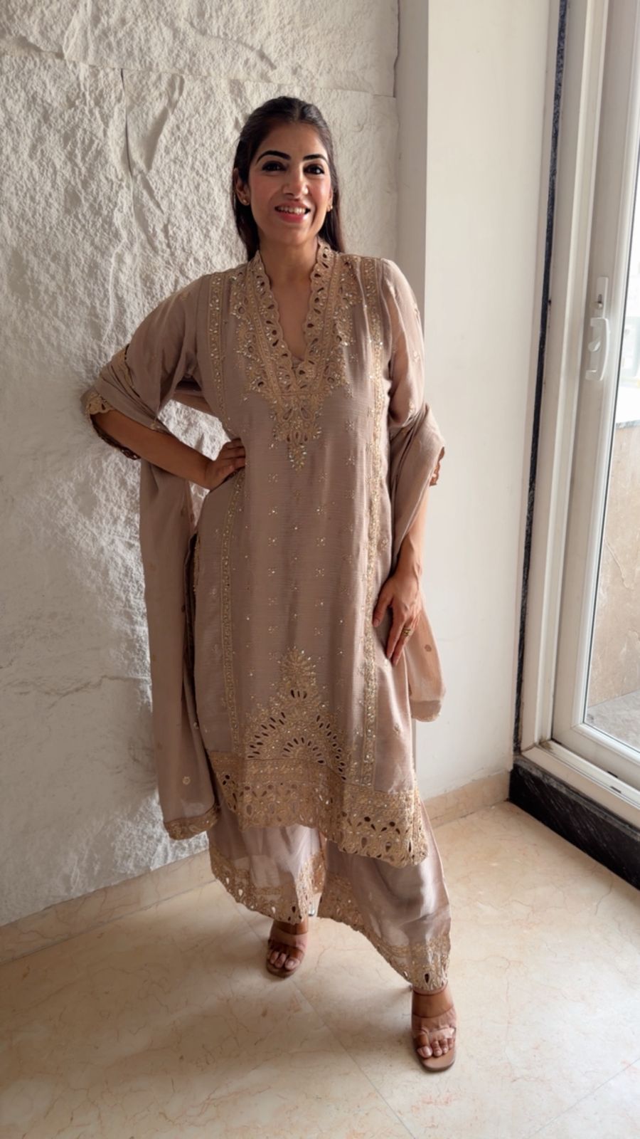 Pure chinon 3 pc Pakistani cutwork suit with embroidery