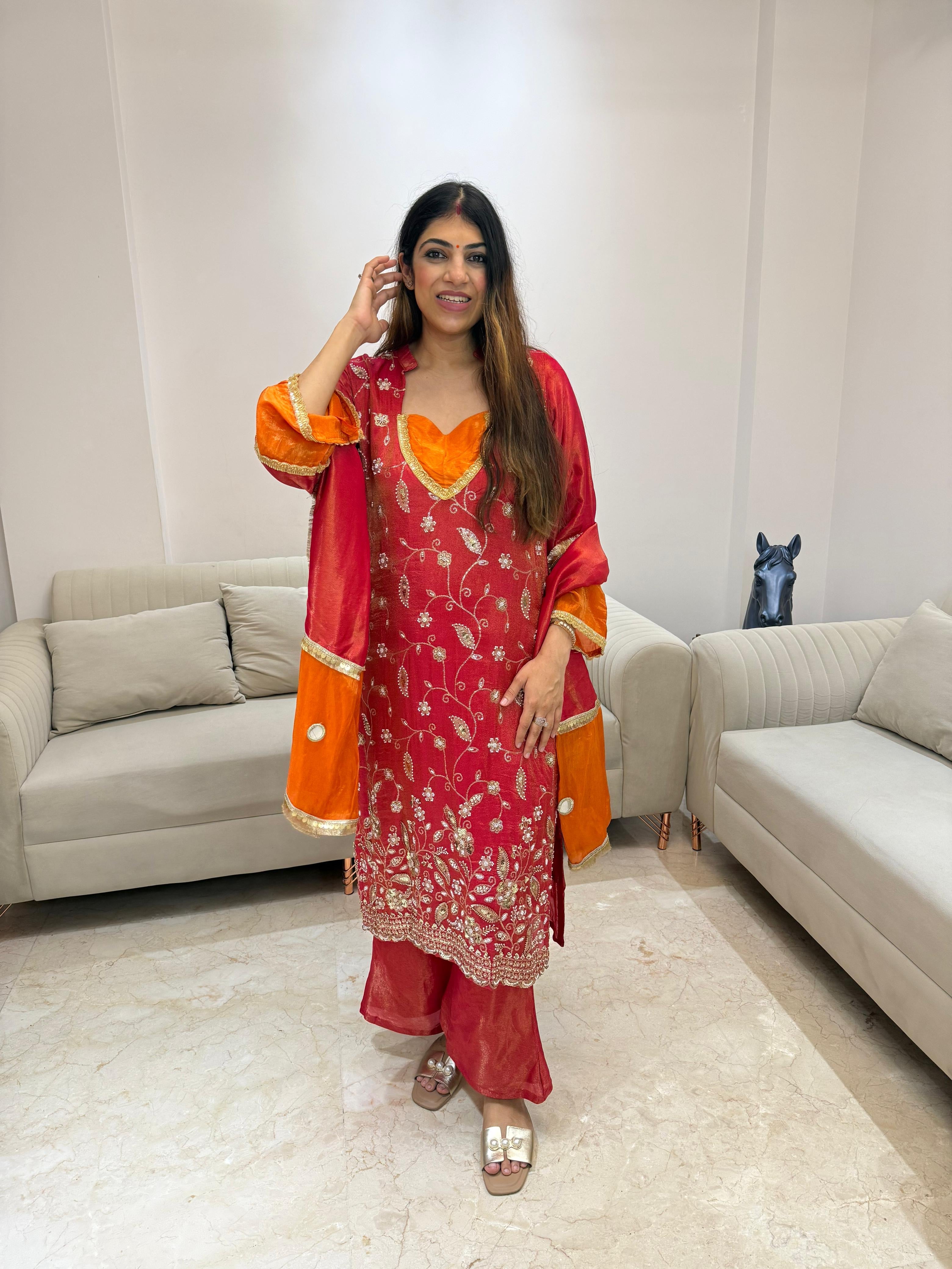 Simmar tissue partywear handwork 3pc suit with lining nd bell bottom plazo