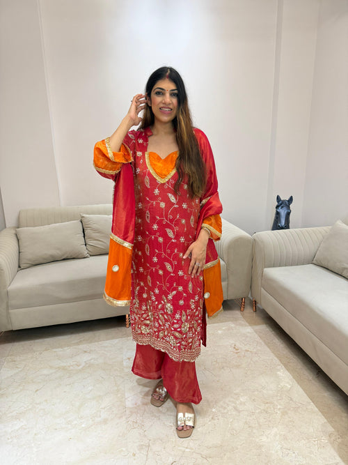 Simmar tissue partywear handwork 3pc suit with lining nd bell bottom plazo