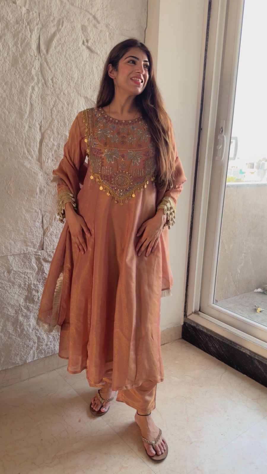 Shimmer tissue handwork anarkali suit with dupatta with shell detail on sleeves