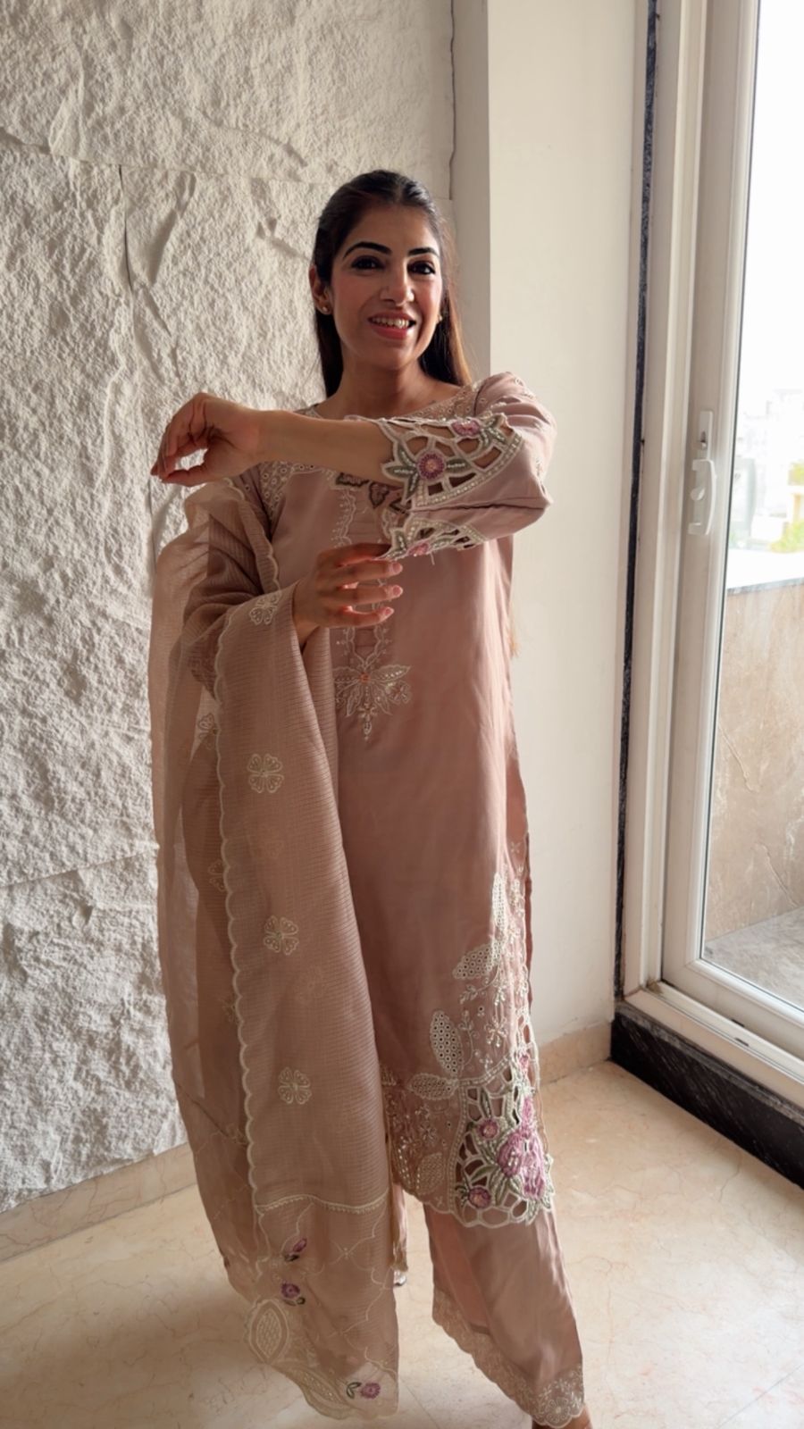 Imported cotton 3 pc Pakistani cutwork suit with embroidery