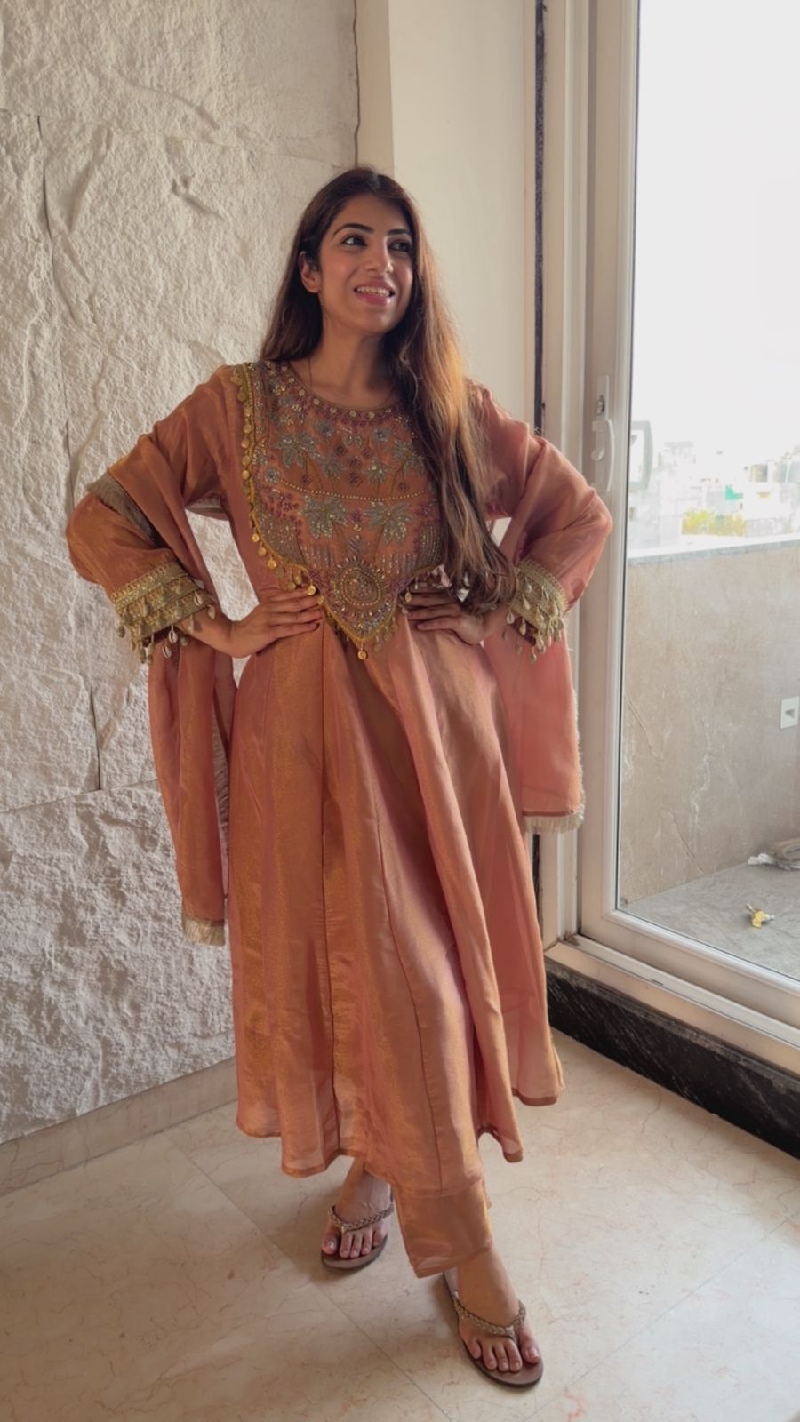 Shimmer tissue handwork anarkali suit with dupatta with shell detail on sleeves