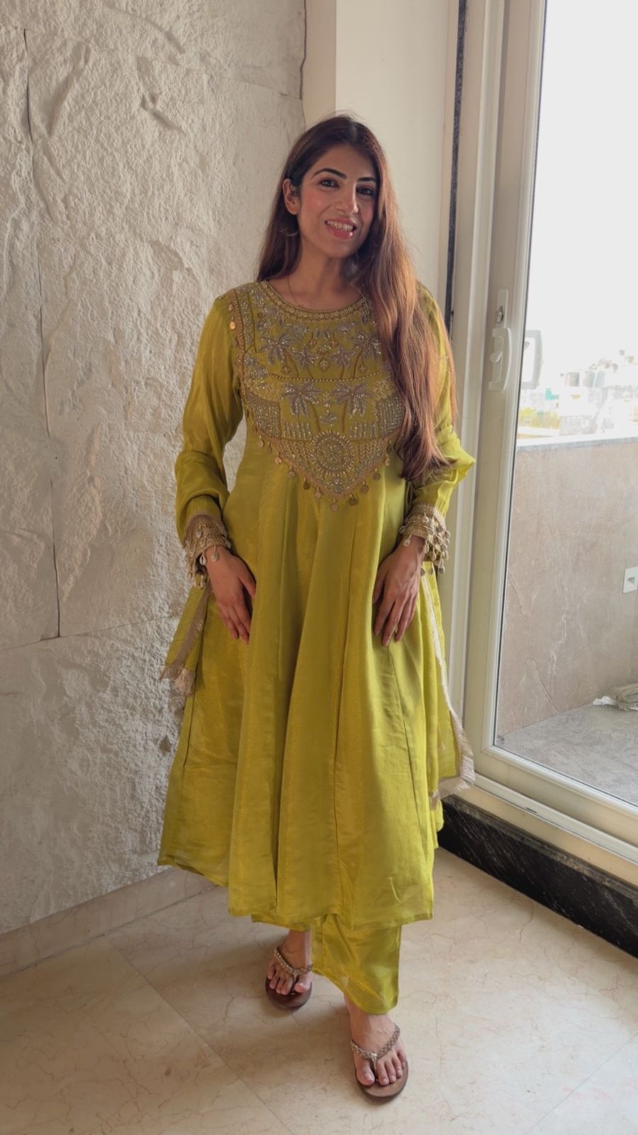 Shimmer tissue handwork anarkali suit with dupatta with shell detail on sleeves
