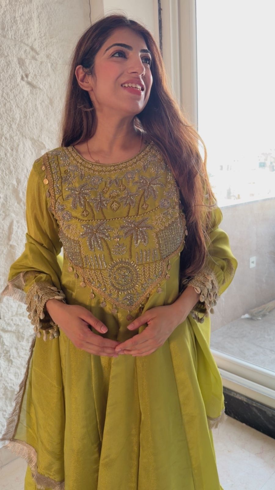 Shimmer tissue handwork anarkali suit with dupatta with shell detail on sleeves