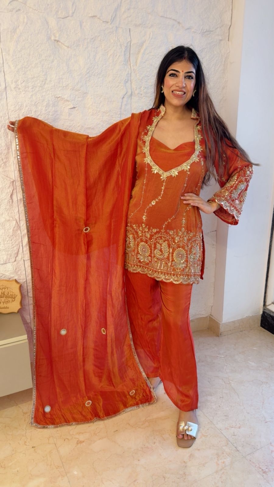 Shimmer tissue 3pc set partywear with bell bottom plazo with all handwork
