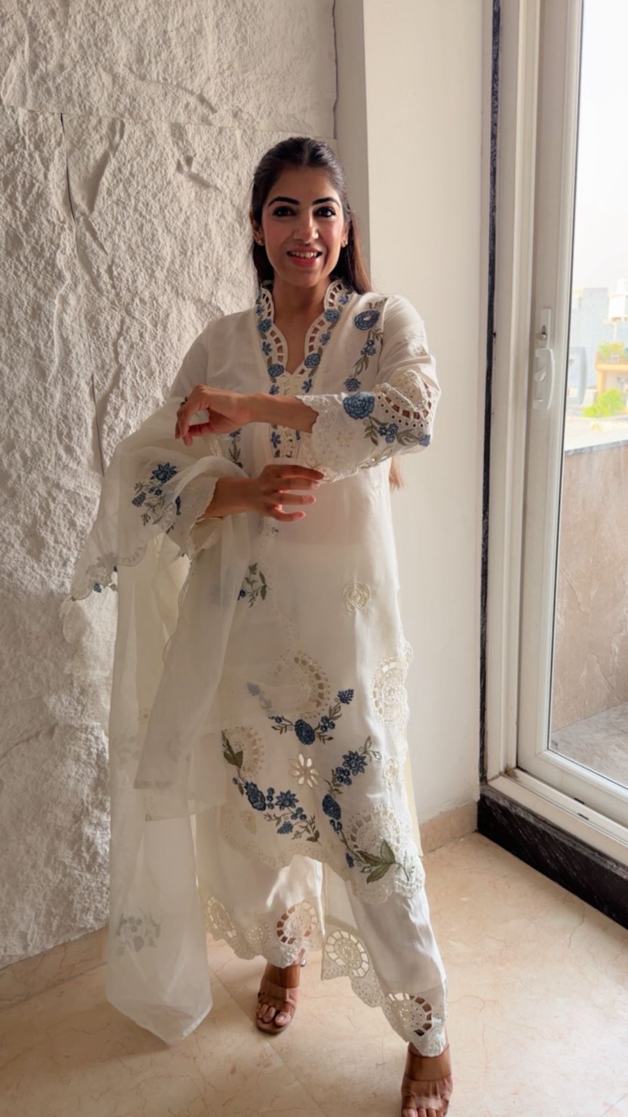 Imported cotton 3 pc Pakistani cutwork suit with embroidery Paired with cutwork palazzo pants
